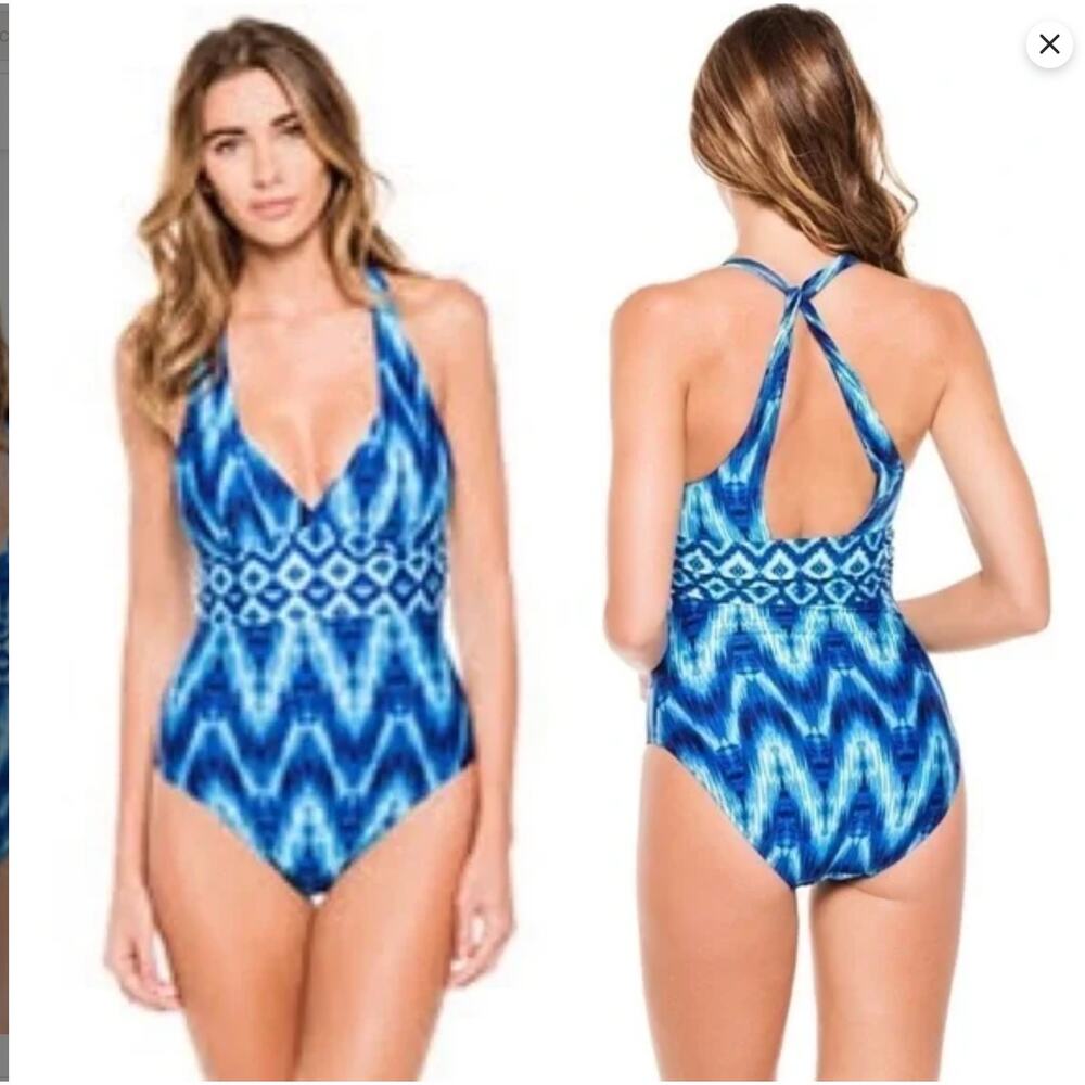 La Blanca Desert Mirage One Piece Swimsuit Size 6 – Blue‎ Batik Halter Geometric - Picture 2 of 11